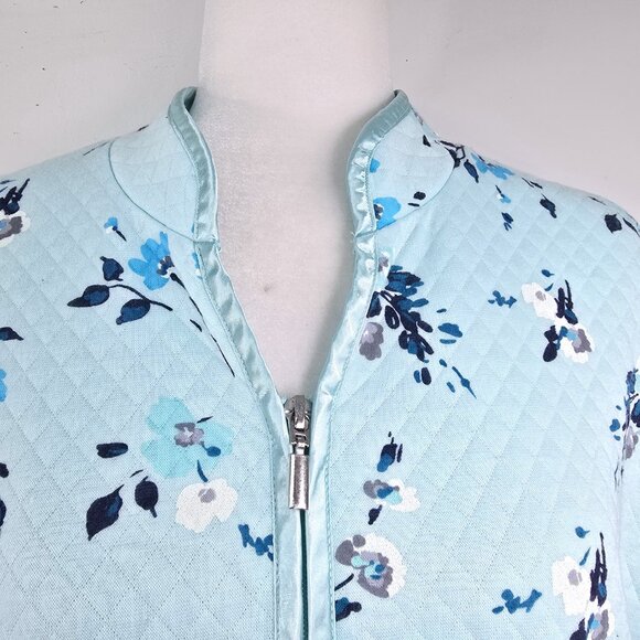 Adonna Qulited Blue Asian Mint Floral Zip Front Bath Robe Housecoat Cottagecore - Picture 5 of 11